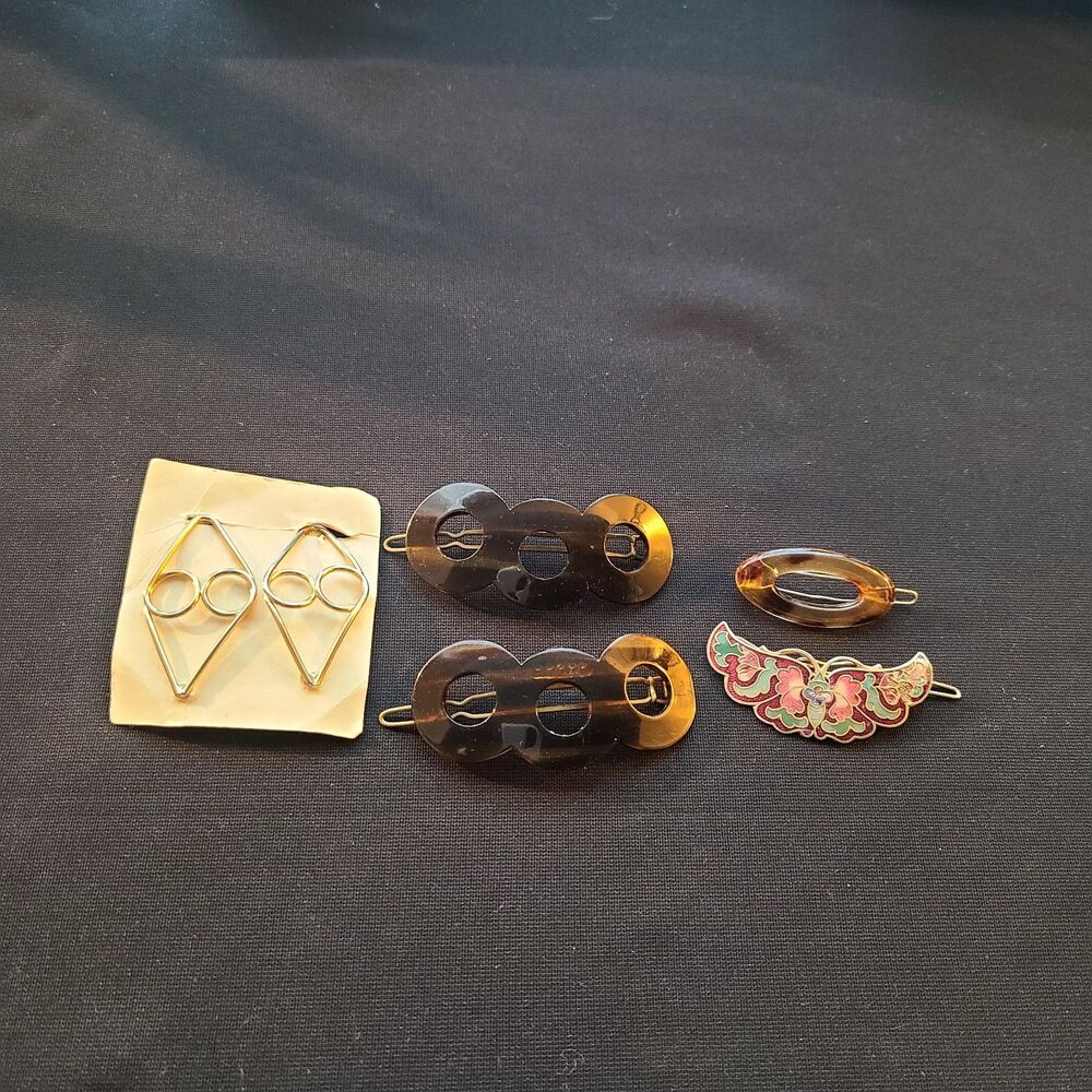 Vintage 50s 60s Hair Barrettes Tortoiseshell Cloisone (6 Pcs) Gold Tone Boho